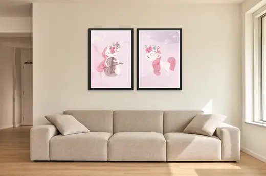 Pôster Dupla de unicórnio e violoncelo em aquarela emoldurado na parede: sala de estar ampla