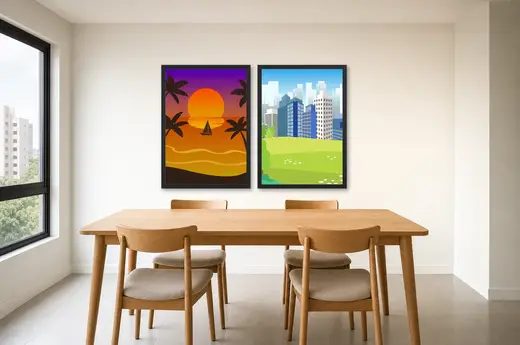 Pôster Dupla de praia tropical e skyline da cidade emoldurado na parede: sala de jantar