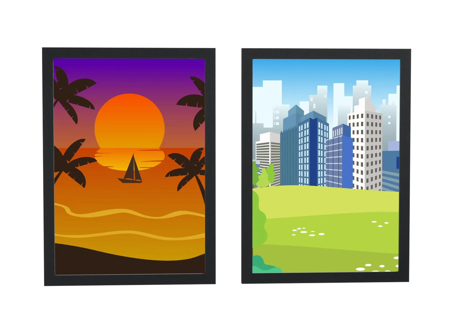 Pôster Dupla de praia tropical e skyline da cidade emoldurado