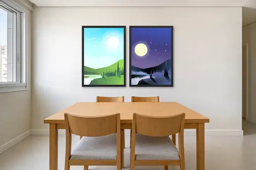 Pôster Dupla de paisagem dia e noite com lua cheia emoldurado na parede: sala de jantar clara