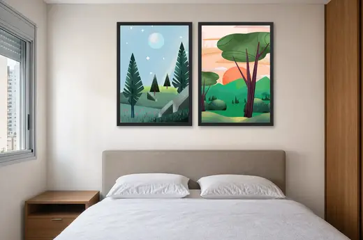 Pôster Dupla de floresta à noite e ao entardecer emoldurado na parede: quarto de casal