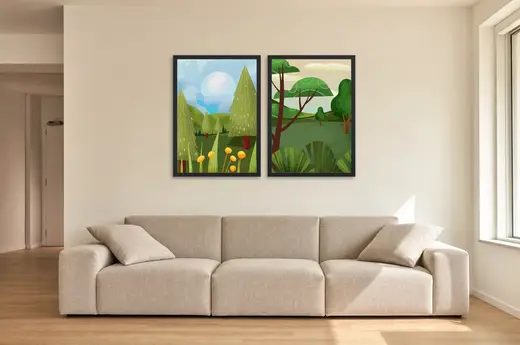 Pôster Dupla de floresta verde com flores amarelas emoldurado na parede: sala de estar ampla