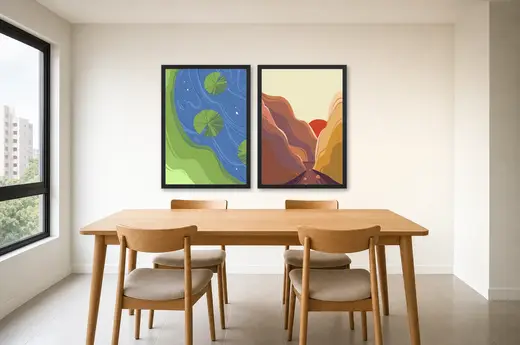 Pôster Dupla abstrata de vale verde e cânion emoldurado na parede: sala de jantar