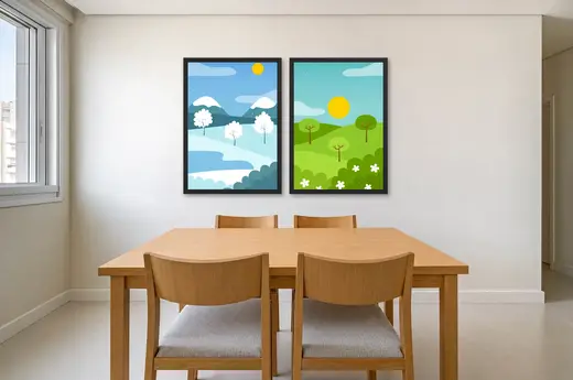 Pôster Dupla de paisagem no inverno e na primavera emoldurado na parede: sala de jantar clara