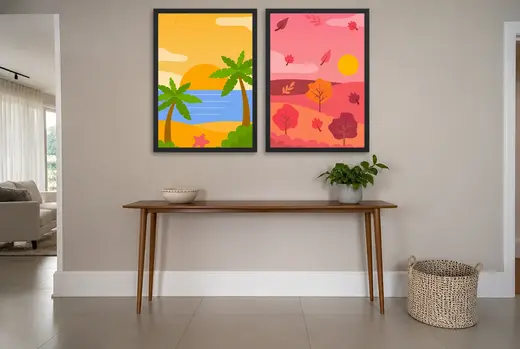 Pôster Dupla de praia tropical e floresta de outono emoldurado na parede: hall de entrada