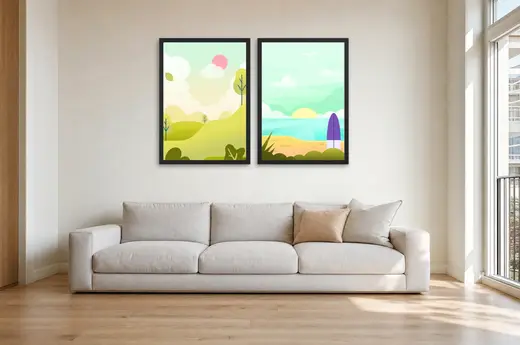 Pôster Dupla de campo e praia em tons pastel emoldurado na parede: sala de estar