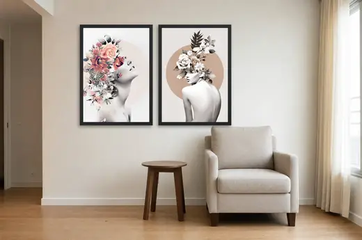 Pôster Dupla ilustrada de retrato floral feminino emoldurado na parede: canto de leitura