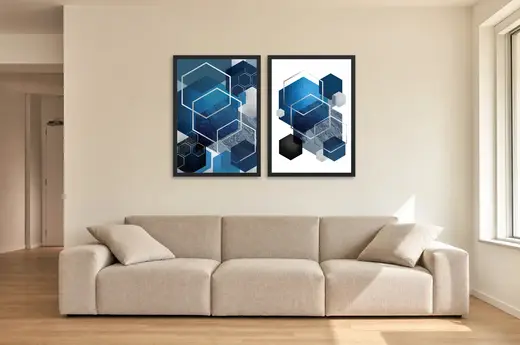 Pôster Dupla geométrica de hexágonos em azul emoldurado na parede: sala de estar ampla