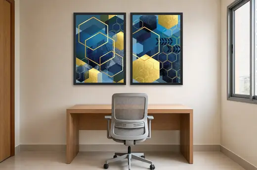 Pôster Dupla de hexágonos em azul e dourado emoldurado na parede: home office