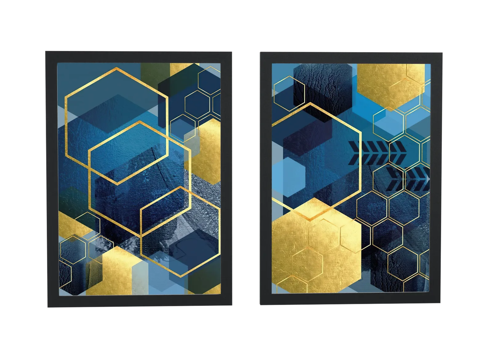 Pôster Dupla de hexágonos em azul e dourado emoldurado
