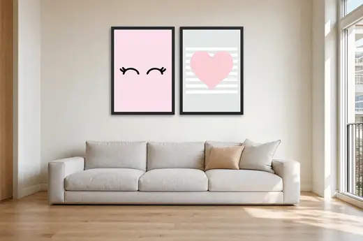 Pôster Dupla de cílios e coração em rosa e cinza emoldurado na parede: sala de estar