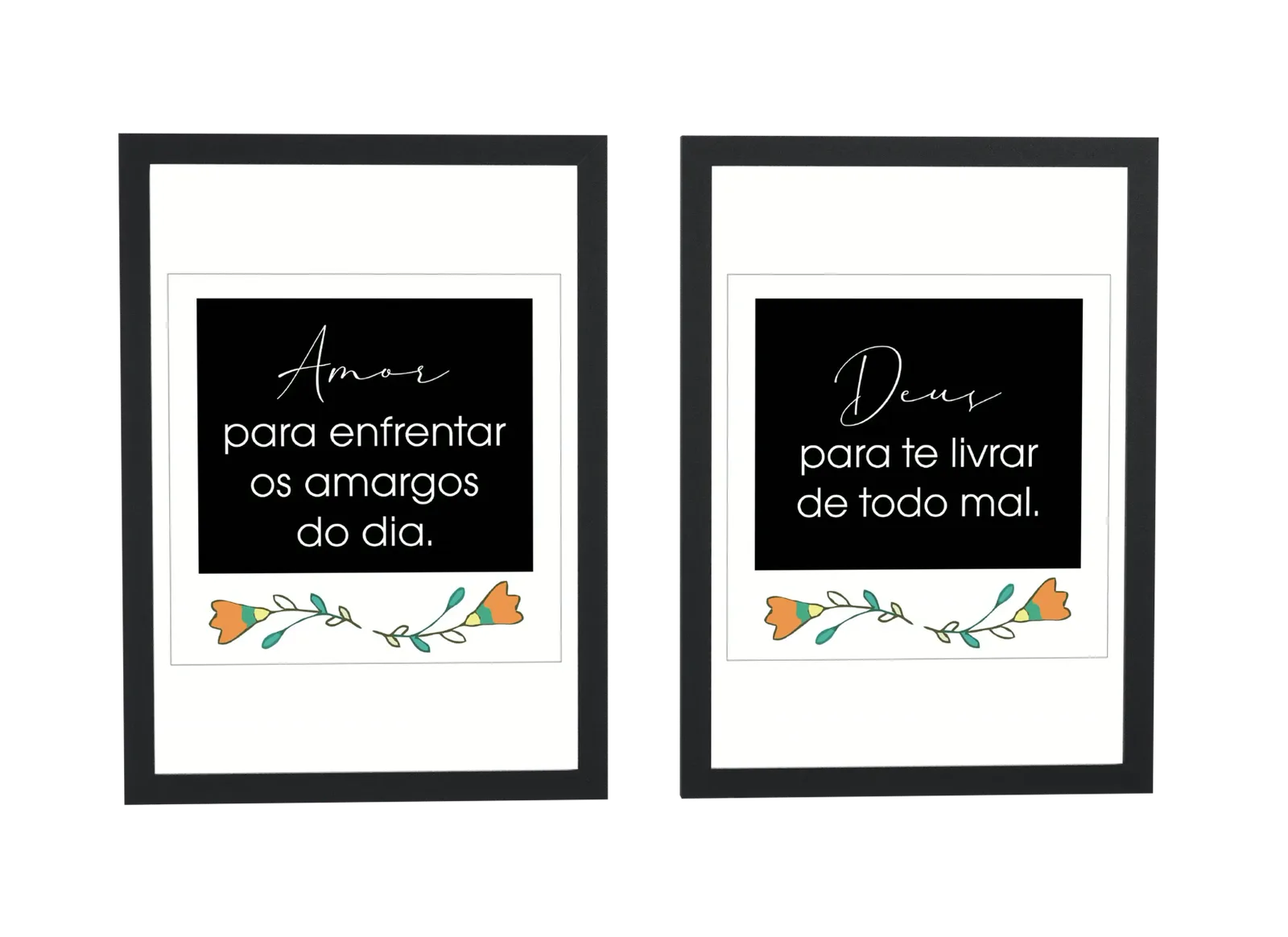 Pôster Dupla de frases amor e Deus em preto emoldurado