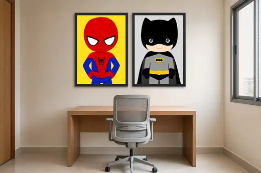 Pôster Dupla kids de Homem-Aranha e Batman emoldurado na parede: home office