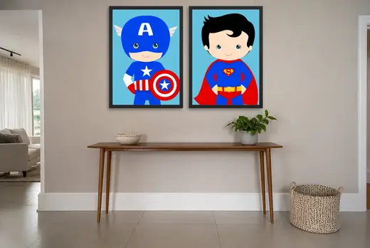 Pôster Dupla kids de Capitão América e Superman emoldurado na parede: hall de entrada