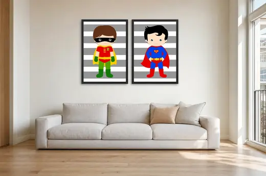 Pôster Dupla kids de Robin e Superman emoldurado na parede: sala de estar