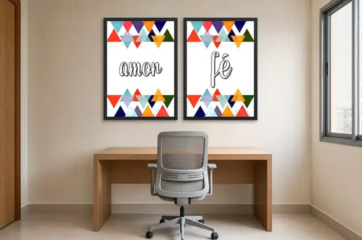 Pôster Dupla de amor e fé com triângulos coloridos emoldurado na parede: home office