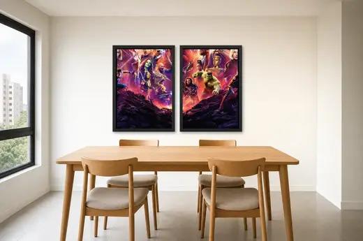 Pôster Dupla dos Vingadores Guerra Infinita emoldurado na parede: sala de jantar