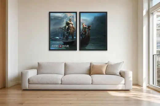 Pôster Dupla de God of War Kratos e Atreus emoldurado na parede: sala de estar