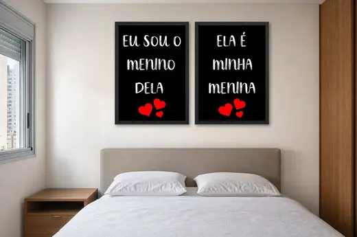 Pôster Dupla de frases de casal com corações emoldurado na parede: quarto de casal