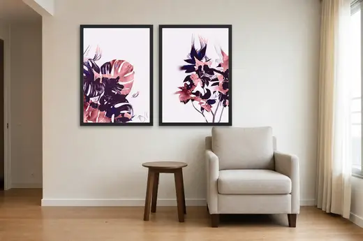 Pôster Dupla abstrata de folha tropical e flor emoldurado na parede: canto de leitura