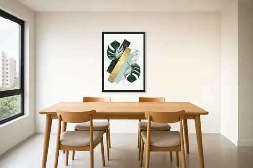 Pôster Colagem geométrica com folhas de monstera emoldurado na parede: sala de jantar