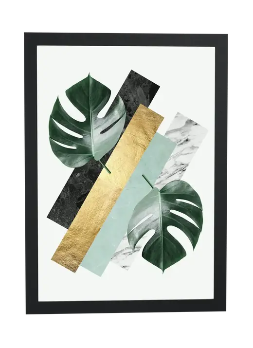 Pôster Colagem geométrica com folhas de monstera emoldurado
