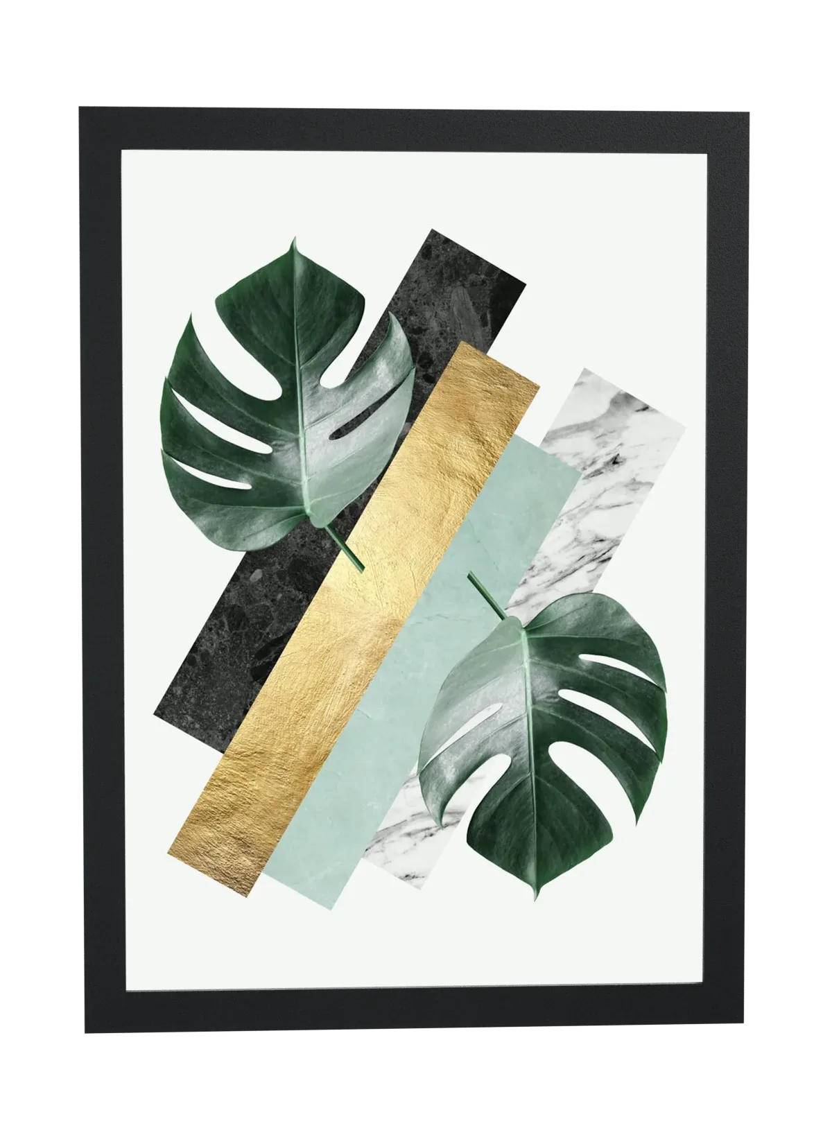 Pôster Colagem geométrica com folhas de monstera emoldurado