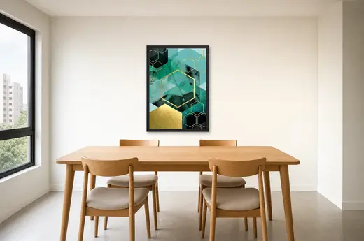 Pôster Hexágonos esmeralda e dourado emoldurado na parede: sala de jantar