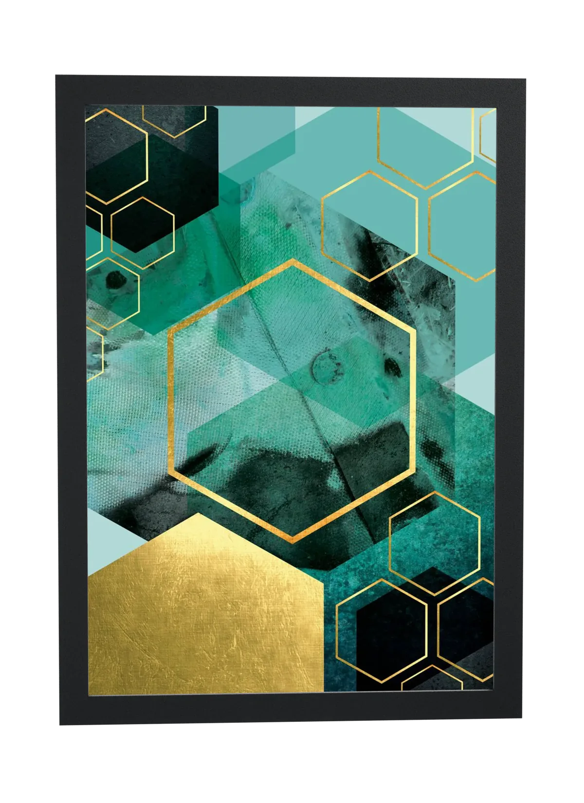 Pôster Hexágonos esmeralda e dourado emoldurado