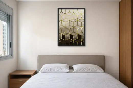 Pôster Cubos em bege e dourado emoldurado na parede: quarto de casal