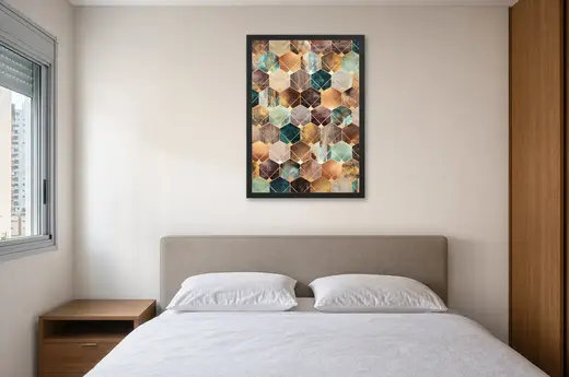 Pôster Cubos em cobre e turquesa emoldurado na parede: quarto de casal