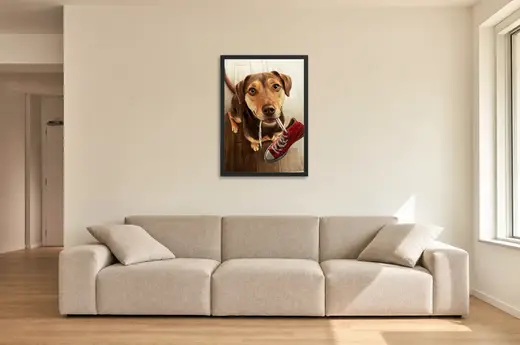 Pôster Cachorro com tênis vermelho na boca emoldurado na parede: sala de estar ampla