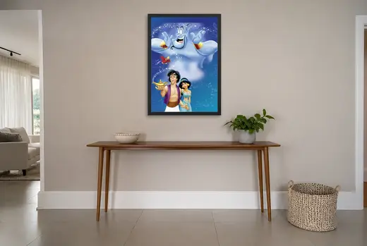 Pôster Aladdin (1992): gênio e o casal emoldurado na parede: hall de entrada