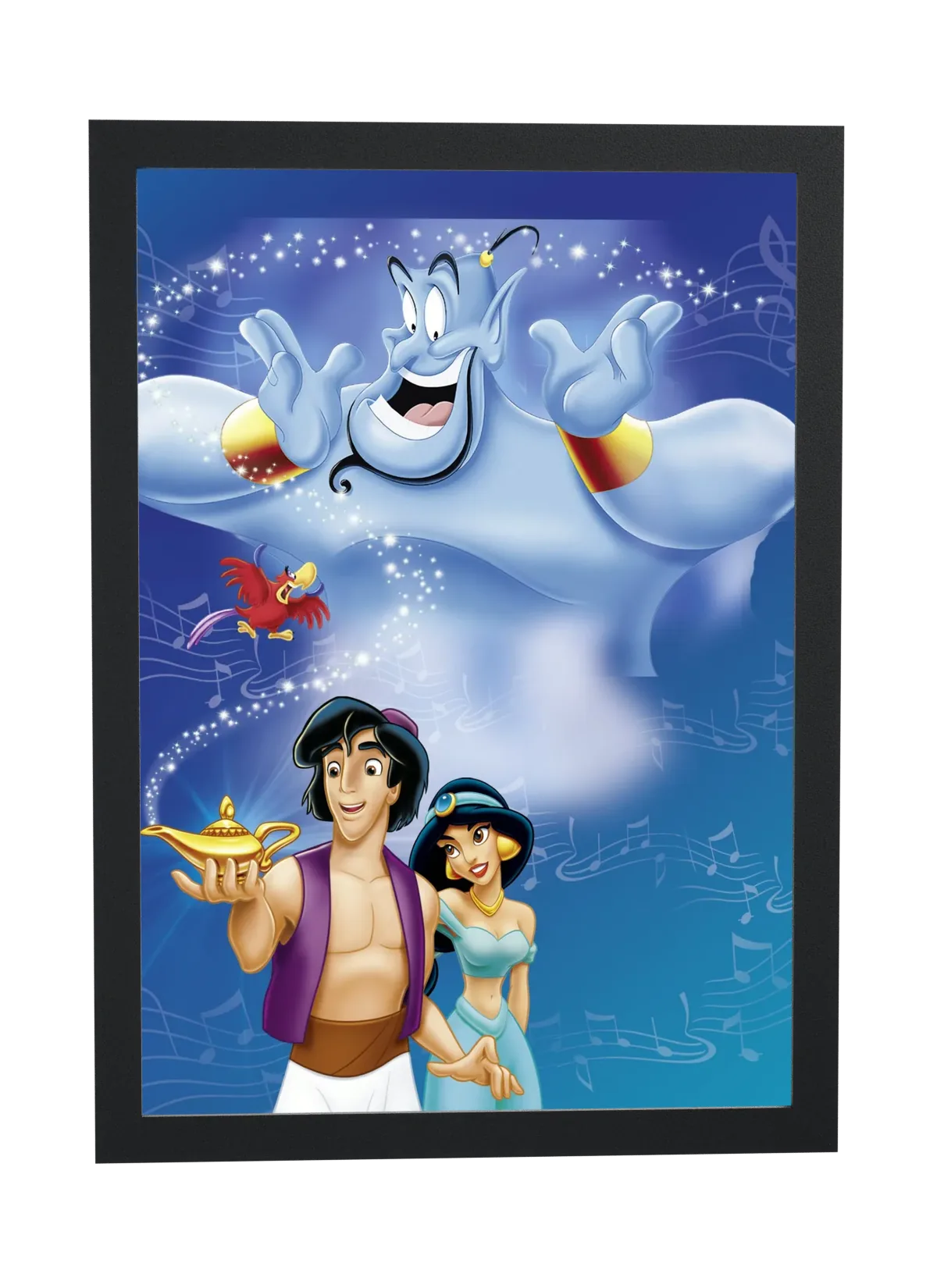 Pôster Aladdin (1992): gênio e o casal emoldurado