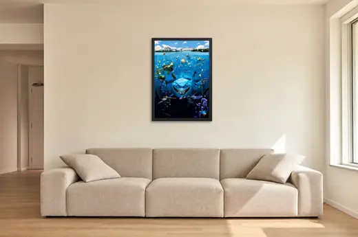 Pôster Procurando Nemo (2003): tubarão e cardume emoldurado na parede: sala de estar ampla