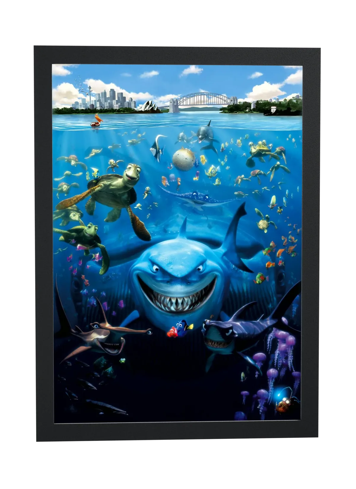Pôster Procurando Nemo (2003): tubarão e cardume emoldurado