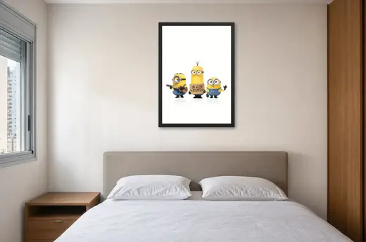 Pôster Minions (2015): placa de brincadeira emoldurado na parede: quarto de casal