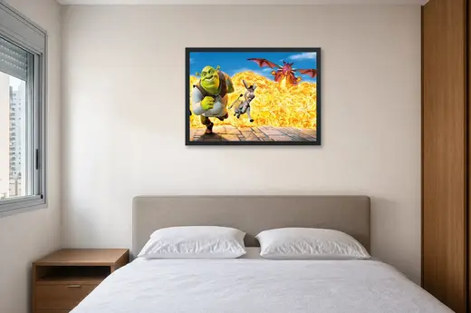 Pôster Shrek (2001): fugindo do dragão emoldurado na parede: quarto de casal