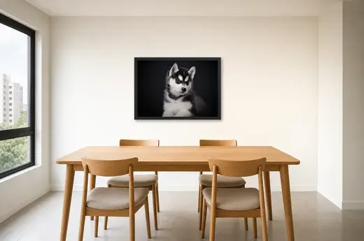 Pôster Filhote de husky de olhos azuis emoldurado na parede: sala de jantar