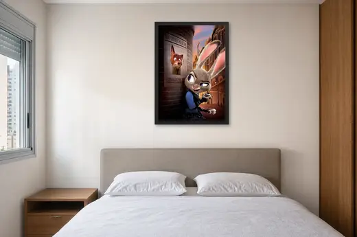 Pôster Zootopia (2016): Judy e Nick no cartaz emoldurado na parede: quarto de casal