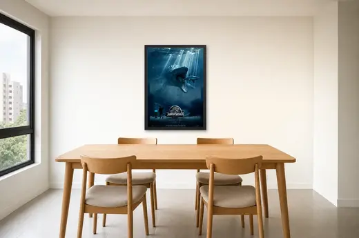 Pôster Jurassic World (2015): mosossauro salta da água emoldurado na parede: sala de jantar