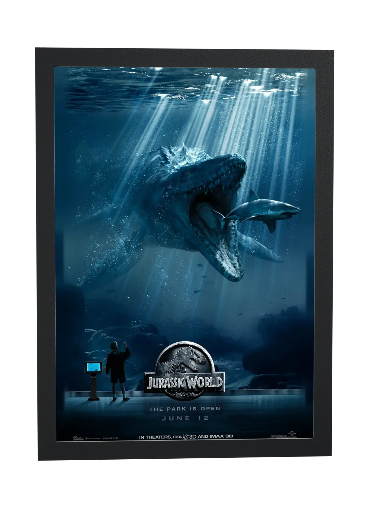 Pôster Jurassic World (2015): mosossauro salta da água emoldurado