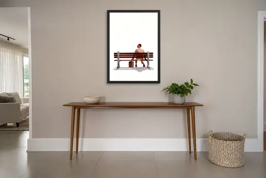 Pôster Forrest Gump (1994): sentado no banco emoldurado na parede: hall de entrada