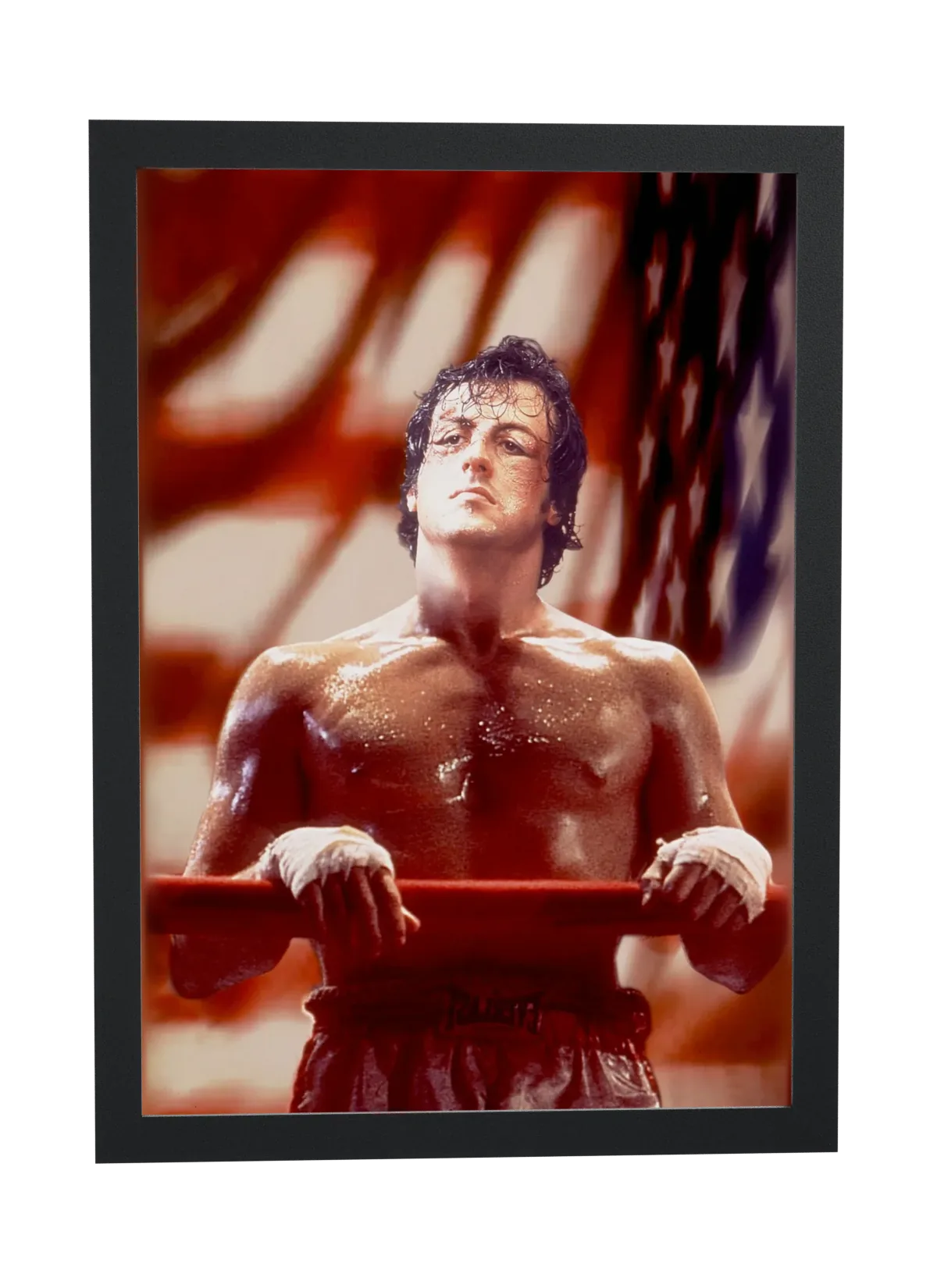 Pôster Rocky (1976): treino com a bandeira ao fundo emoldurado