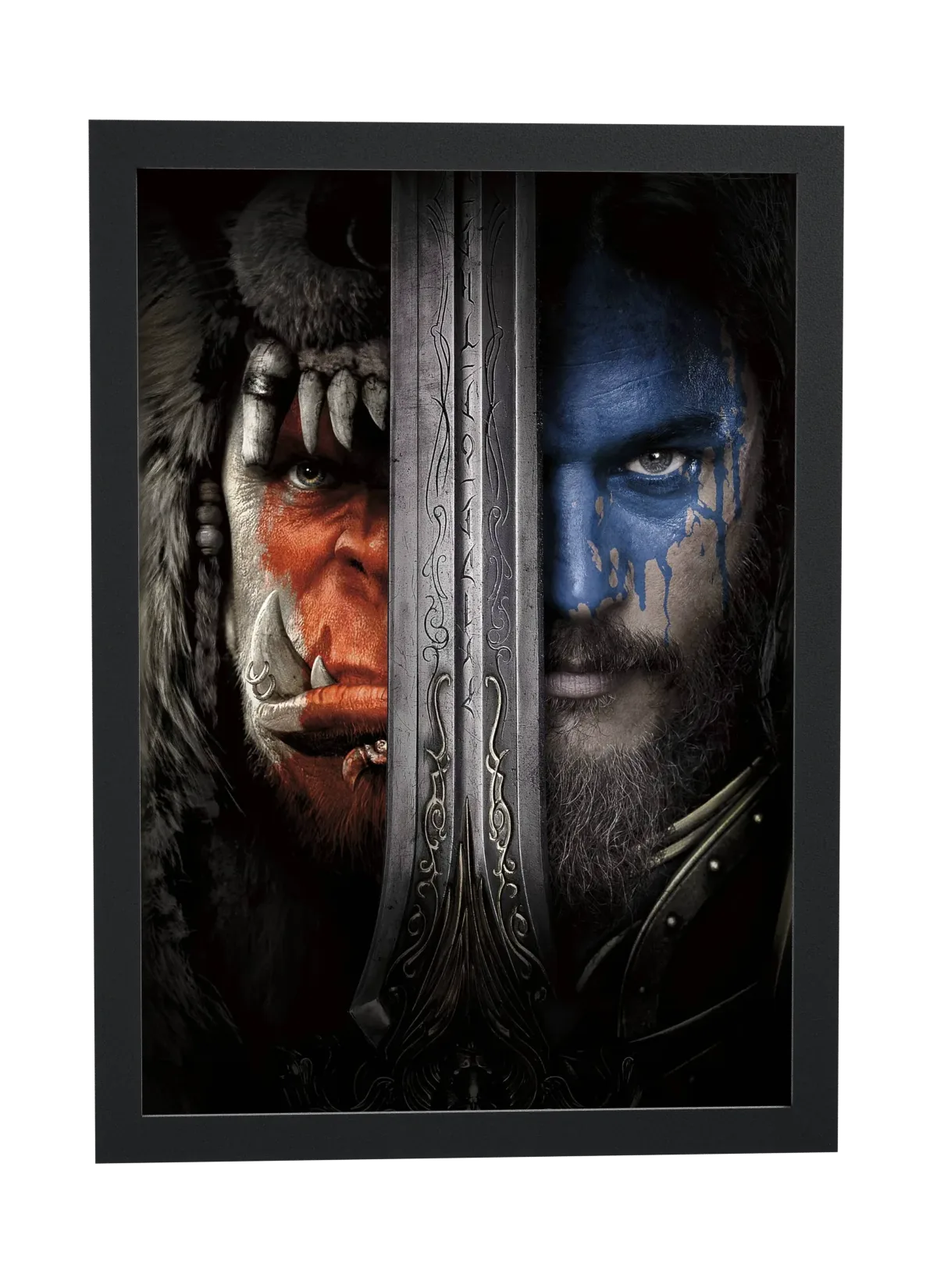 Pôster Warcraft (2016): orc e humano divididos emoldurado