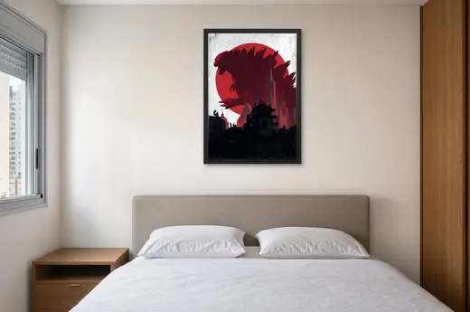 Pôster Godzilla (2014): silhueta contra o sol vermelho emoldurado na parede: quarto de casal
