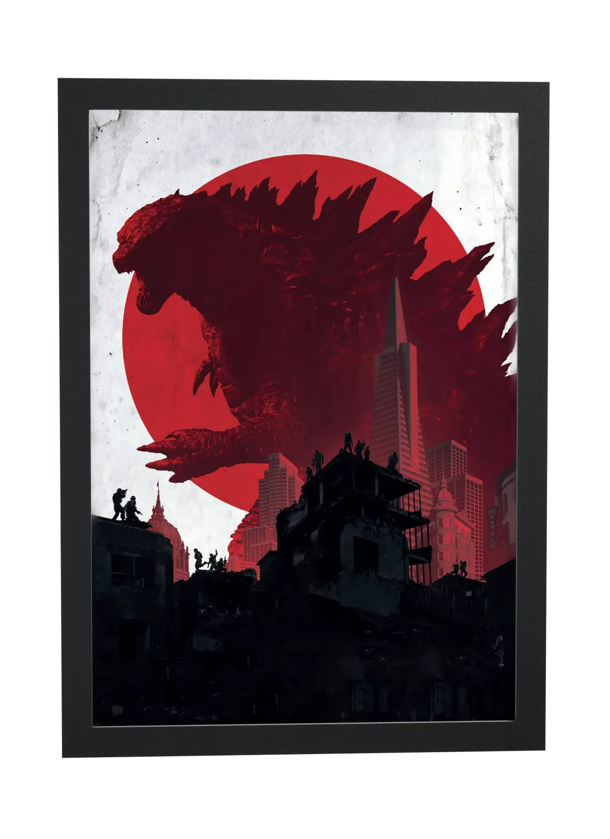 Pôster Godzilla (2014): silhueta contra o sol vermelho emoldurado