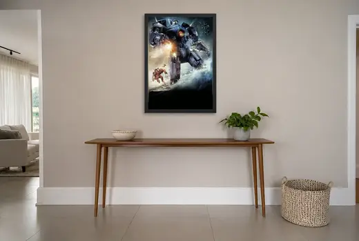 Pôster Círculo de Fogo (2013): robô contra kaiju emoldurado na parede: hall de entrada