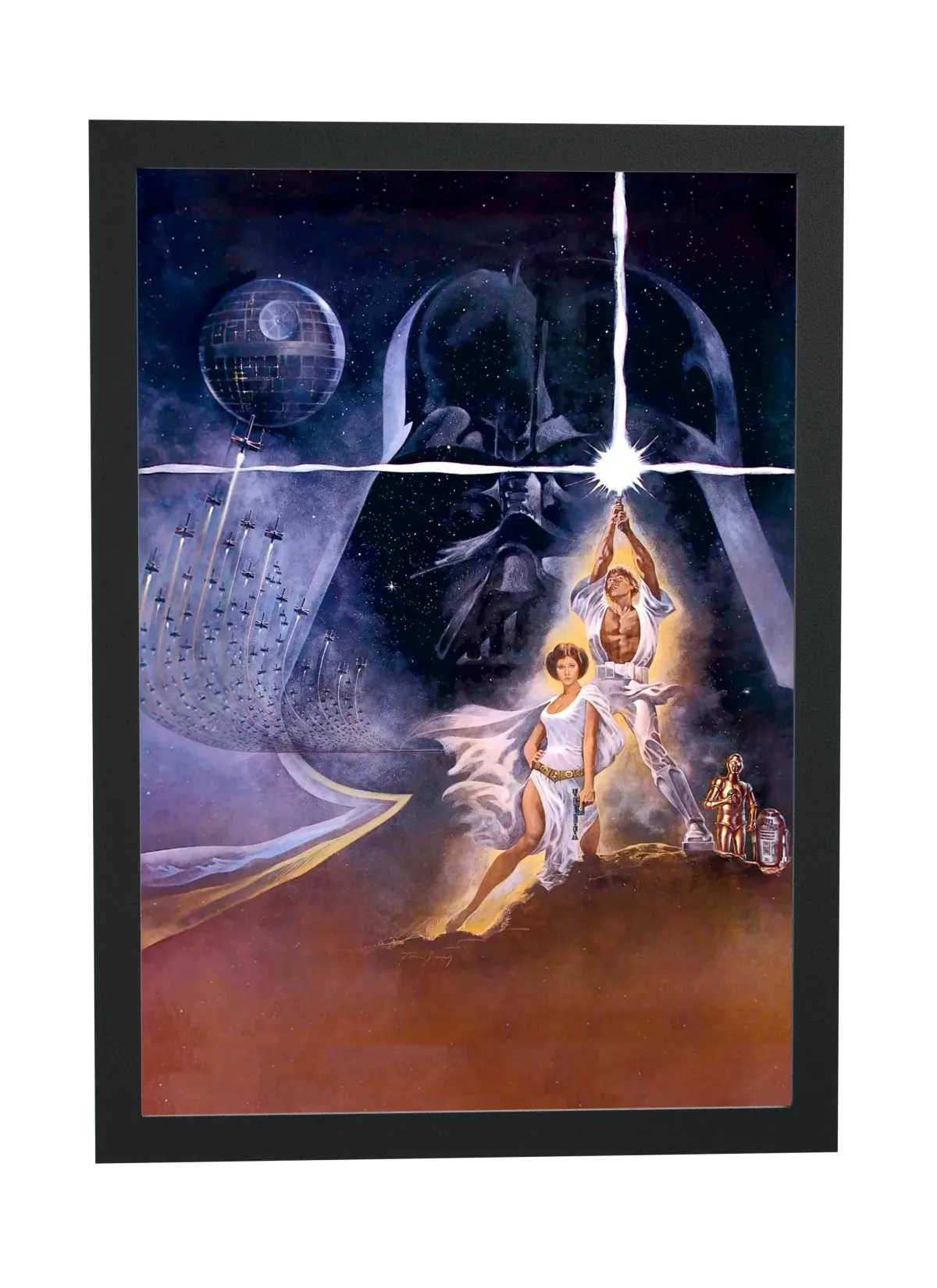 Pôster Star Wars Uma Nova Esperança (1977): Vader ao fundo emoldurado