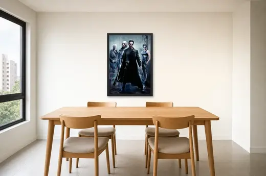 Pôster Matrix (1999): grupo em código verde emoldurado na parede: sala de jantar